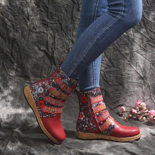 Women Fashion Martin Boots Autumn PU Patchwork Plus Size Zipper Buckle Totem Printed Round Toe Ankle Boots Female Shoes