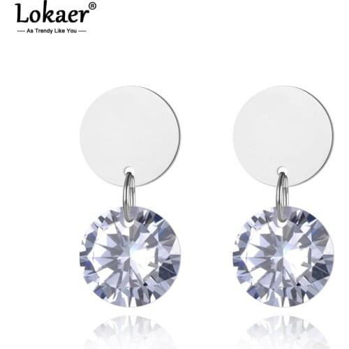 Lokaer Trendy Titanium Stainless Steel Dazzling Stud Earrings Office Style Handmade Big CZ Crystal Ear Jewelry For Women E19154