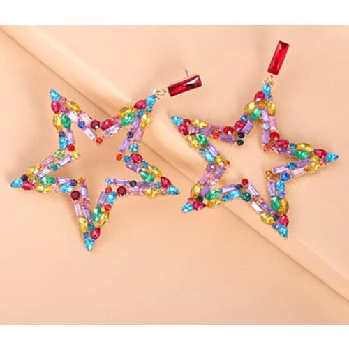 Minar Rainbow Rhinestone Crystal Star Earrings for Women Contrast Color Alloy Geometric Hollow Star Drop Earrings Accessories
