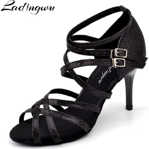 Ladingwu 2018 New Womens Latin Dance Shoes Black Glitter Shoes Womens Sandals For Dance Shoes Latin Woman Salsa Heels 8.5cm