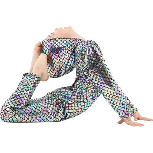 Mermaid Sequin Jumpsuit For Girl Fish Scale Hooded Bodysuit Costume Scale Colorful Jumpsuit Faux Leather Jumpsuit Catsuit