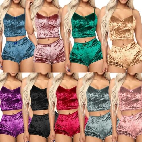 Womens Two Piece Sets Velvet Crop Tops + Shorts Sleepwear Sexy Spaghetti Strap Pajamas Suits Casual Pajama Nightwear Plus Size
