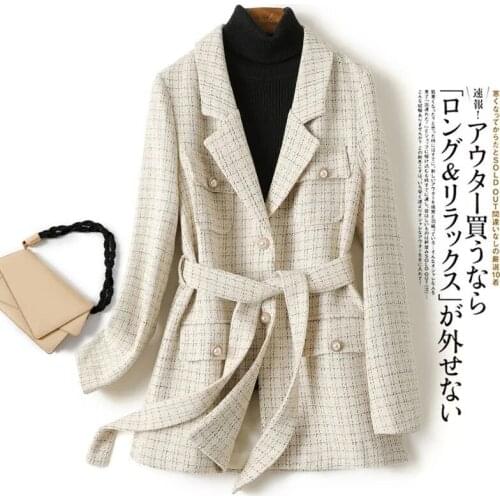 Fashion Pearl Buttons Plaid Tweed Blazer Women V-Neck Lace Up Temperament France Style Suit Jacket Chic Lady Autumn Winter Coat