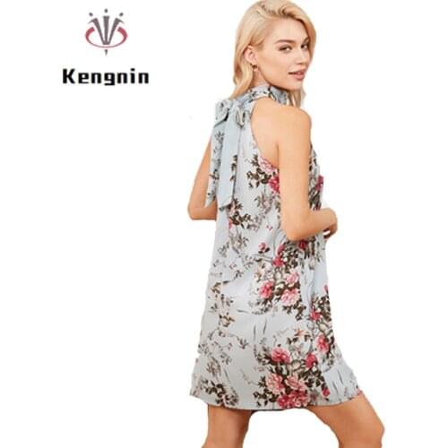 2021 Summer Dress Women European Style Belt Halter Sexy Ladies Spaghetti Straps Print Sleeveless Female Robe Vestidos KE1238