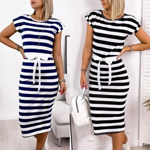 Summer Womens Dresses Casual Fashion O Neck Striped Mid Waist Lace Up Hip Slim Retro Ladies Short Sleeved Dress 2021 Robe Femme