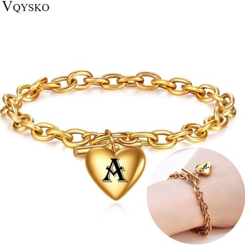 Custom Initial Heart Charm Chain Bracelet For Women 26 Letters Stainless Steel Gold OT Buckle Bracelets Jewelry Girls Party Gift
