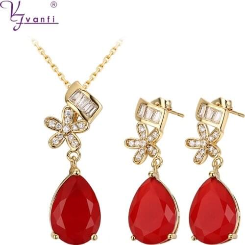 Kfvanfi Women Copper Zircon Stone Water Drop White Red Crystal Jewelry Stud Earrings Dangle Pendant Chain Necklace Set