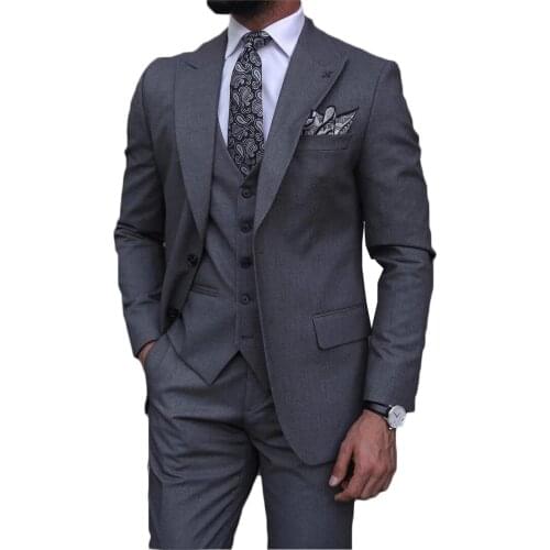 Classic Grey Men Suits Business Peak Lapel Slim Fit Prom Wedding Groom Costume Homme Tuxedos Terno Masculino Blazer 3 Pieces