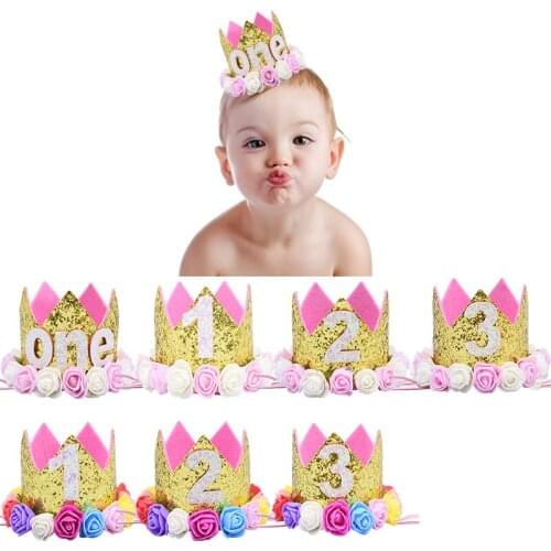 1 2 3 Birthday Crown Caps With Flower 1st Birthday Hat Newborn Baby Shower Headband One Year Birthday Party Decorations