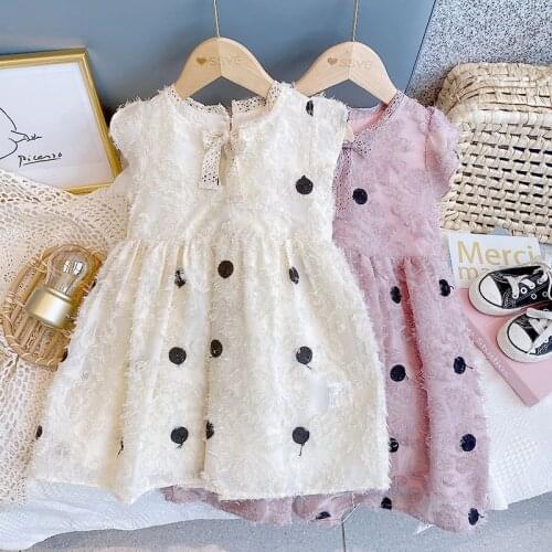 Korean Girl Summer Dress Kids Party Princes Dot Children Clothes Girls Casual Lace Bow Short Flare Sleeve Kids Dresses for Girls