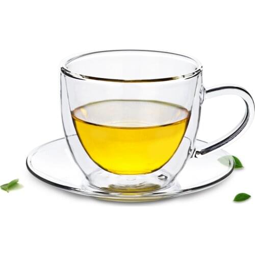 Lots Tea Cup Set -Heat Resistant Double Wall Glass Tea Coffee Cup 160ml + Glass Saucer - M 125mm