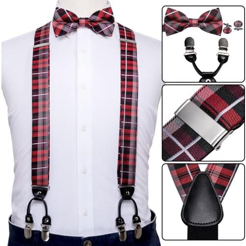Men Suspender Set Red Bowtie Plaid Tie Leather Back Belt Vintage Elastic Wedding Suspender Checked Bow Tie Christmas Barry.Wang