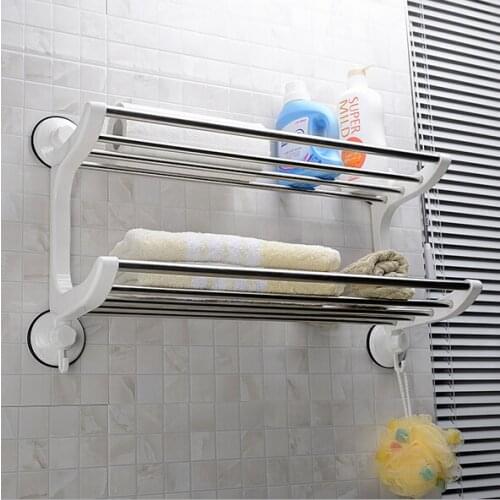 46CM Suction Cup Wall Mounted Double Stainless Steel Storage Estante Towel Shelf Rack Bathroom Accessories Organizer
