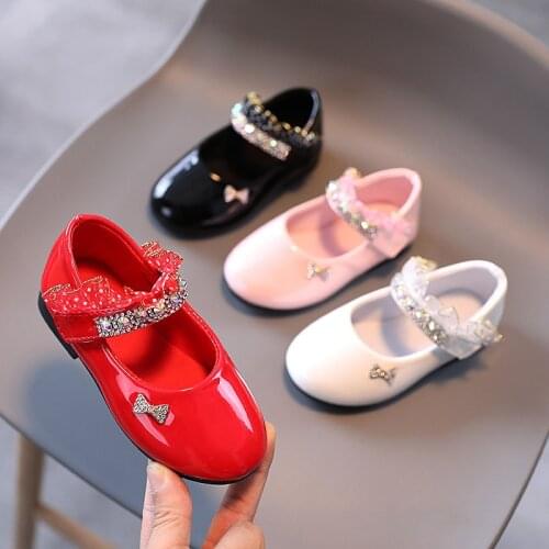New Low Heels Princess Shoes Fashion Glossy PU Leather Shoes with Bow-tie 2021 Party Girls Shoes Bling Crystal Mary Janes E05271