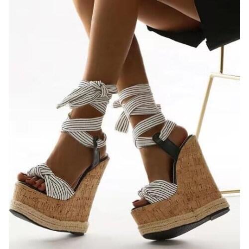 Girls New Stripe Lace Up Platform Wedge Sandal Woman Super Heels Thick Sole Slingback Knot Front Straw Weaving Sandals Shoes