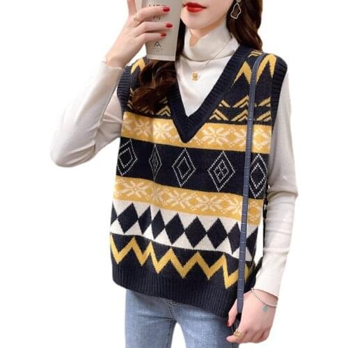 2021 Autumn Women Knitted Oversize Sweater Vest Korean V-Neck Pullover Sleeveless Loose Versatile Waistcoat Patchwork Print Top