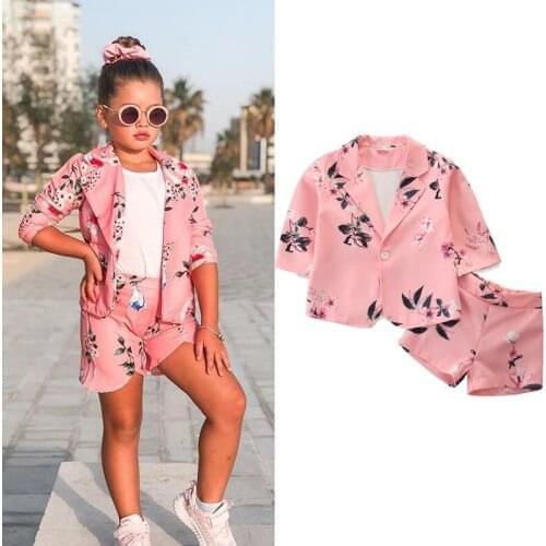 0-5Y Fashion Kids Girls Clothes Sets Flowers Print Long Sleeve Single Breasted Blazer Coat+Trousers Shorts 2pcs