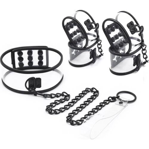 Sexy Erotic Bdsm Bondage Kit of Transparent Pvc Handcuffs with Slave Porno Collar Strap for Fetish Restraints Shackles Sex Toys