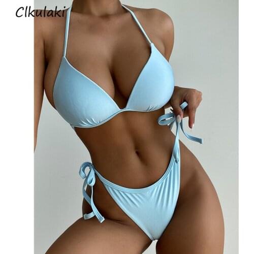 Sexy Halter Push up Bikini Set Swimwear Womens Solid Bikini 2021 Mujer Summer Beach Swim Bathing Suit Women High Leg Swimsuit