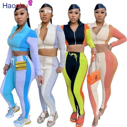 HAOOHU Activewear Color Block Sweatsuit Womens Sets Long Sleeve Slim Crop zipper jacket Top +High Waist Pencil Legging pants
