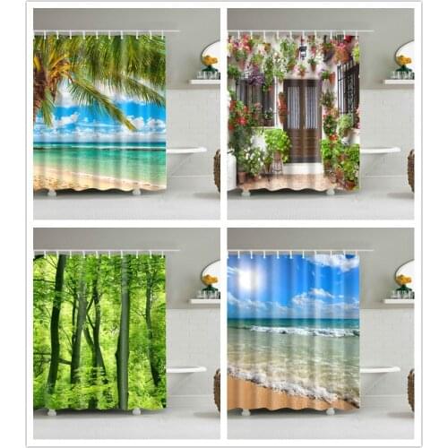 Natural Landscape and Animal Print Nordic Style Shower Curtain Set Hook Waterproof Polyester Home Decoration Bathroom Curtain