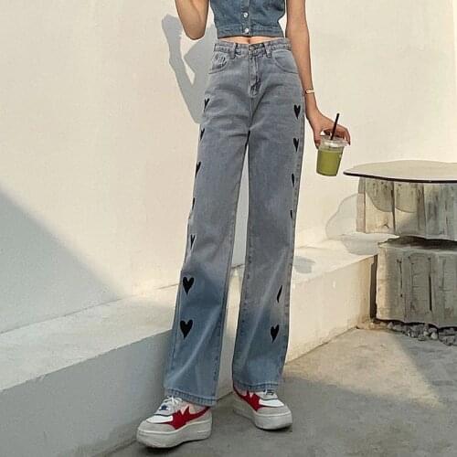 Autumn2021 new ladies print love straight jeans high waist slim fashion high street loose and explosive wide-leg pants ins trend