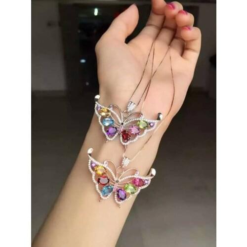 Natural crystal pendant 925 Sterling silver Natural Multicolor gemstone Pendant Necklace trendy Elegant butterfly women jewelry