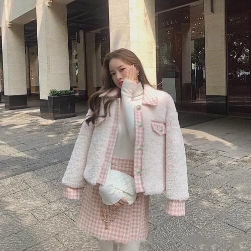 Women Winter New Stitching Thick Lamb Wool Coat + Temperament Short Skirt Suits Female WarmthCute And Sweet Two Piece Sets