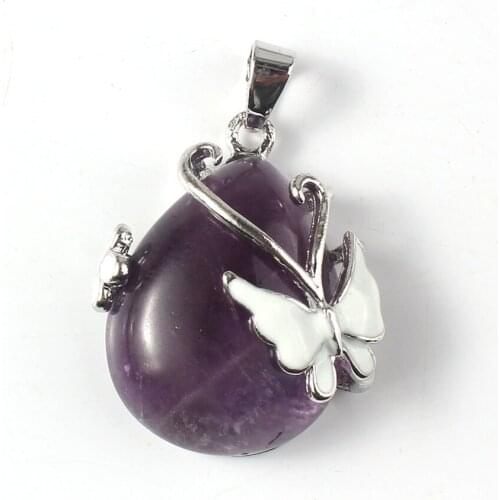100-Unique 1 Pcs Silver Plated Water Drop Amethysts Stone Pendant For Anniversary with Butterfly Jewelry