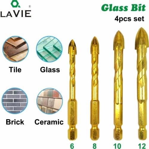 4pcs 1/4" Hex Shank Twist Glass Bits Titanium Ceramic Drilling Drill Set 6 8 10 12mm Tile Concrete Cross Tip Hole Bit Tile 02016