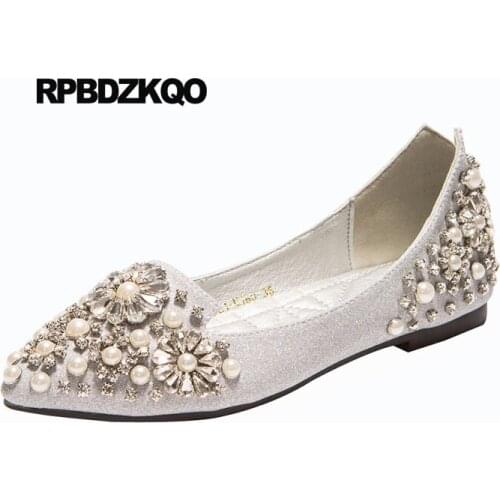 Diamond Wedding Ballet Shoes Glitter Pointed Toe Silver Sparkling Beautiful Party Rhinestone Women Flats Pearl Sequin Ballerina