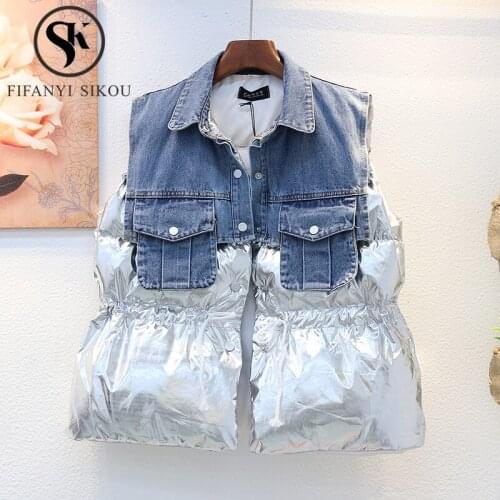 Denim Spliced Vest Women Winter Jacket Pocket Lapel Sleeveless Jacket Thick Warm Down Cotton Vest Coat Female Loose Waistcoat
