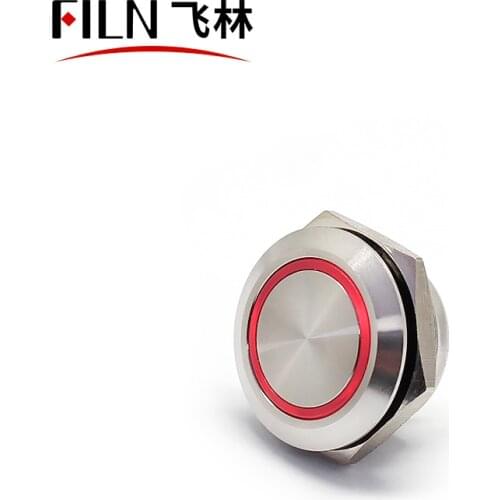FILN Flat Head 12v 24v Momentary Super Short type 19mm stainless steel push button switch with ring LED light with 4 pins