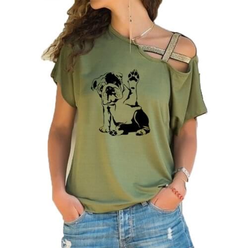 New English Bulldog Dog Pet Print Tee T-shirt Women Top Short Sleeve Female tops clothing Irregular Skew Cross Bandage t shirt