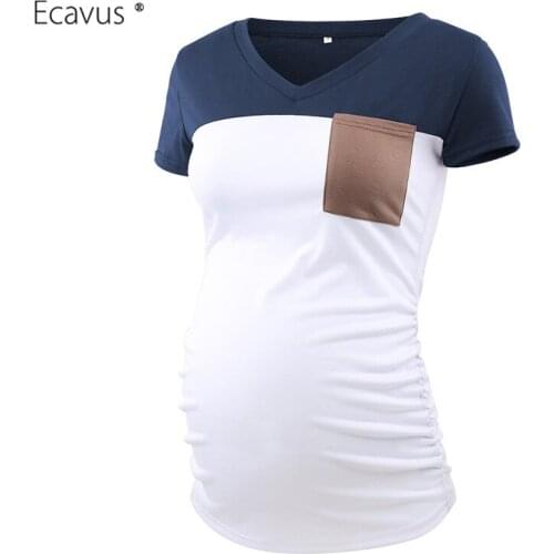 Maternity Short Sleeve Tees Pregnant Summer Tops Women Colorblock V-Neck Top Pregnancy Striped Tee with Pocket Women Clothing