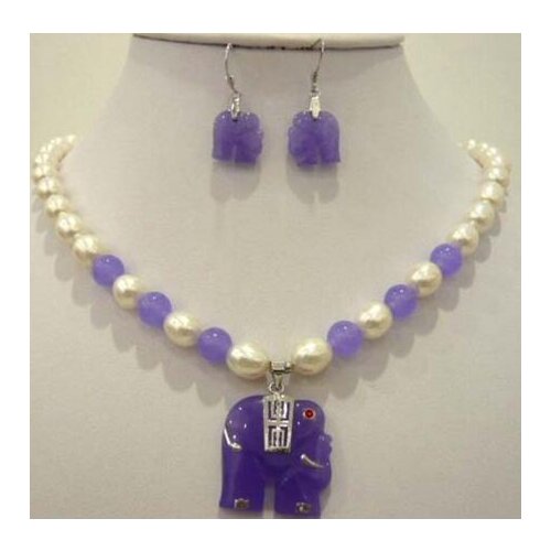 Hot sell good Freshwater White pearl purple jade elephant pendant necklace earring set