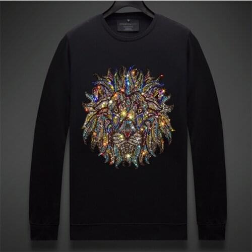 Quality mens long sleeve T-shirt rhinestones lion mens diamond bodybuilding fashion European