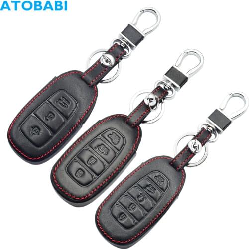 Leather Car Key Case For Hyundai Kona Azera Grandeur IG Santa Fe I30 IX35 Elantra Remote Fob Cover Keychain Bag Auto Accessories