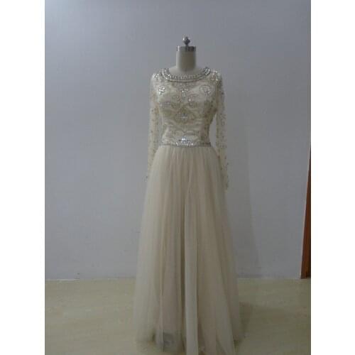 Fashion Long Sleeve Floor Length Evening Dress Beading Tops Tulle A Line Prom Gown with Shawl for Weddings Party Custom Made