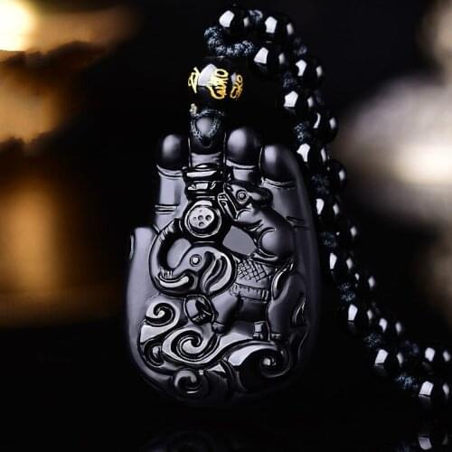 Natural Black Obsidian Beads Necklace Hand-Carved Zodiac Elephant Rat Jade Pendant Fashion Charm Jewellery Lucky Amulet Gifts