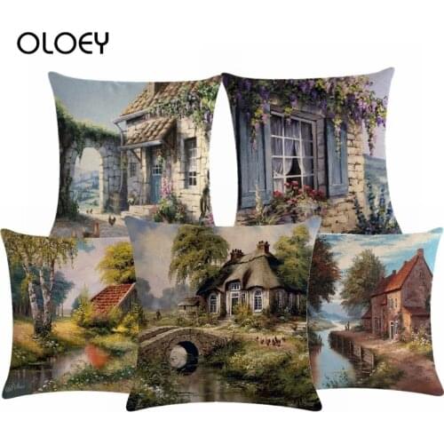 Country Scenery Oil Painting Printing Cushion Cover Linen Cotton Living Room Garden Decoration Throw Pillow Case