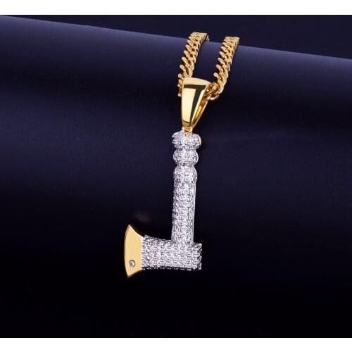 NEW Hip Hop Gold Color Axe Necklace Pendant With Rope Chain Bling Cubic Zircon Cool Mens Rock Biker Jewelry Gift