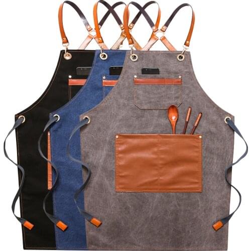 Solid Denim Hairdresser Apron Cafe House Cleaning Cooking Baking PU Pocket Coffee Pinafore Canvas Apron For Kitchen Accessories