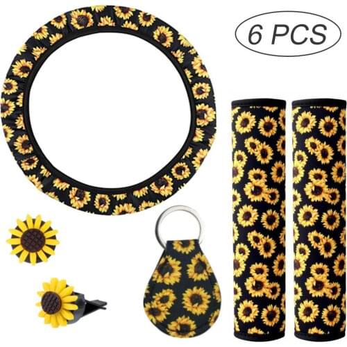 Sunflower Car Steering Wheel Cover Seat Belt Pad Decorative Cushion Protection Pad Seat Belt Shoulder Cover Automotive Interior