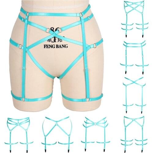 Pastel Goth Blue Garter Belt Harness Lingerie Bondage Stockings Suspender Wedding Dance Rave Body High Waist leg Cage Plus Size