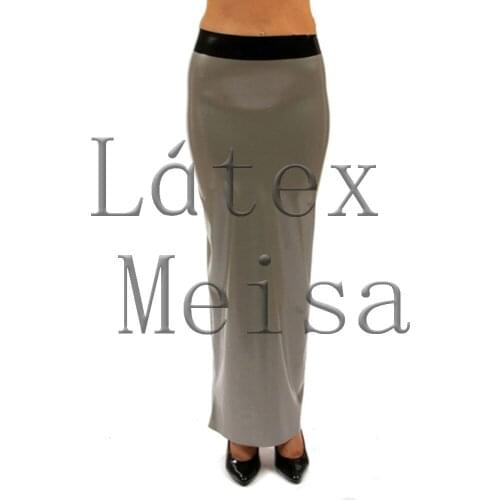 Casual womens straigt latex skirt with angle-length in solid silver color