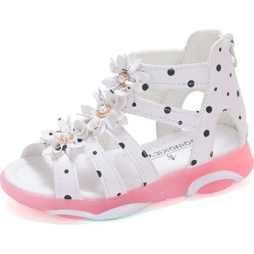 Girls Sandals Flowers Kids Roman Sandals Children Gladiator Shoes Soft Leather With Dots Zipper Pearl Beading Toddler 1-12 Years