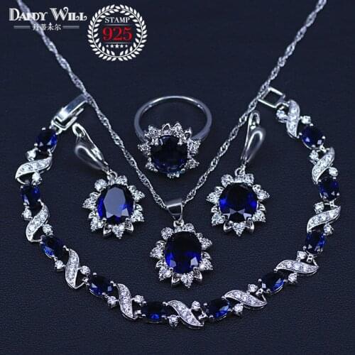 Silver Color Bridal Jewelry Sets Blue Stone CZ Earrings For Women Bracelet Rings Pendant Necklace Set Gifts Jewelry Box