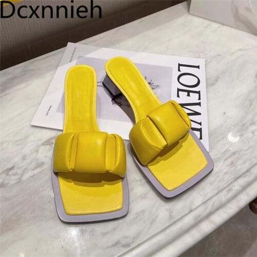 Pink Yellow Real Leather Runway Square Heels Slippers Women Summer Ladies Slides Party Shoes Woman Heels Mules Shoes Women 2021