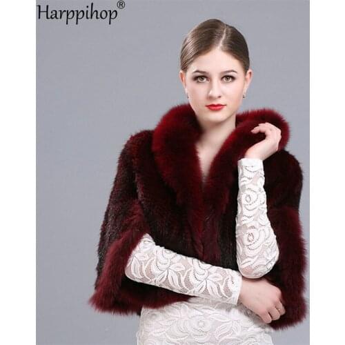 Genuine mink fur knitted wine red coat Russian womens winter real mink fur shawl/poncho with real fox fur collar
